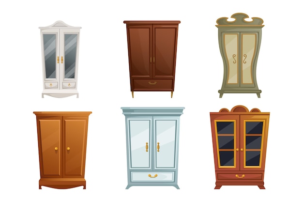 Free vector collection of different cabinets and cupboards in classic style cartoon vector illustration. wooden wardrobes, old fashioned furniture, vintage stuff isolated on white background. interior concept