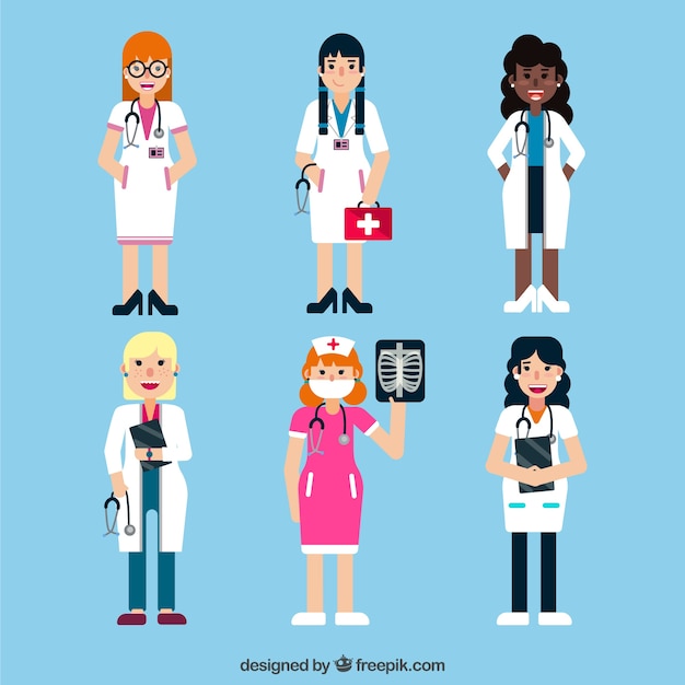 Free Vector collection of different female doctors with different medical tools