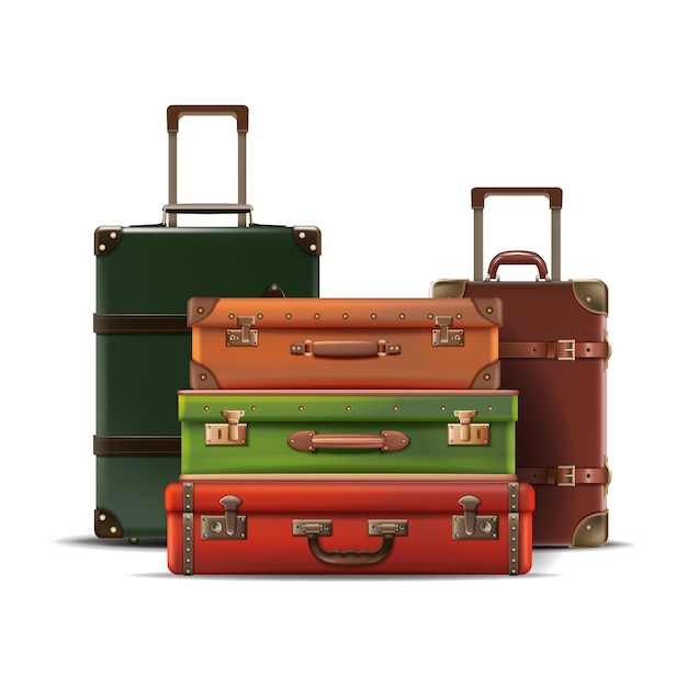 Free Vector  collection of different sizes travel luggage retro old style in leather isolated on white background