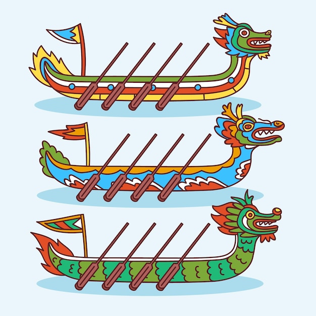 Collection of dragon boat and paddles hand drawn