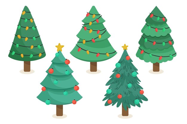 Collection of drawn christmas trees with ornaments