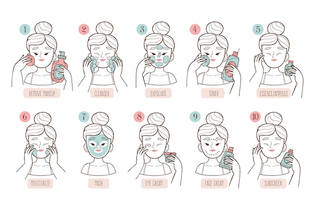 Free Vector collection of drawn woman doing her korean skincare routine