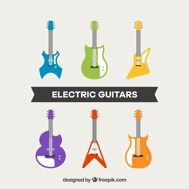 Collection of electric guitars in flat design