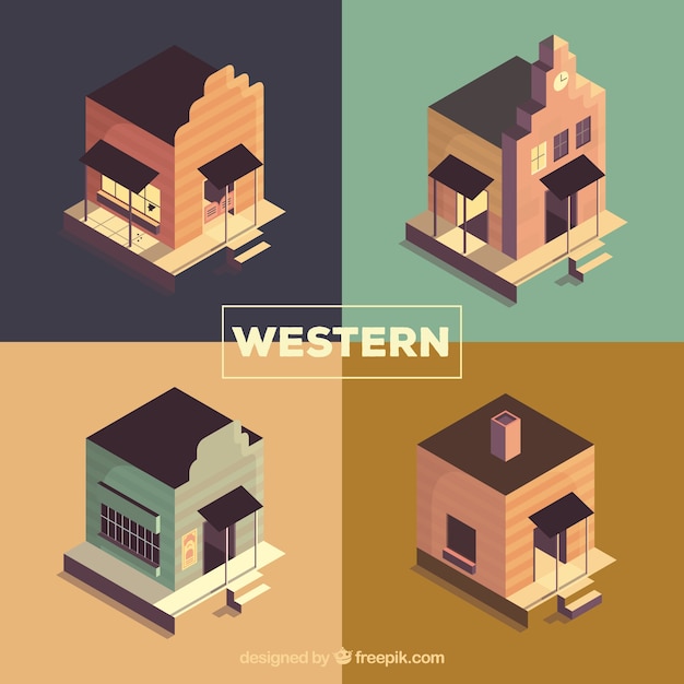 Collection of far west's buildings with flat design