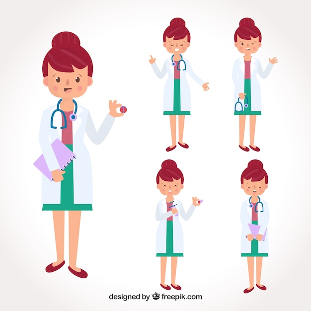 Free Vector collection of female doctor with pills and stethoscope