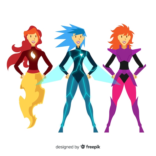 Free vector collection of female superhero characters in cartoon style