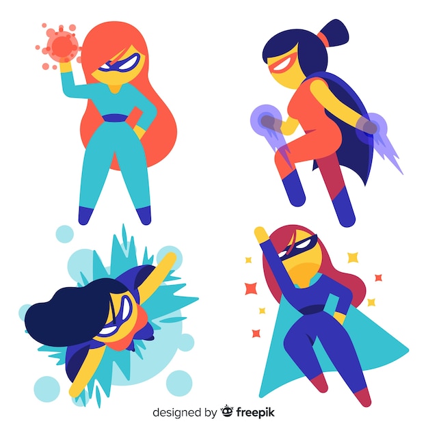 Collection of female superhero characters in cartoon style