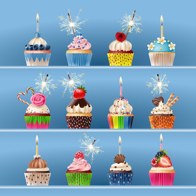 Free Vector collection of festive cupcakes with sparklers and candles.