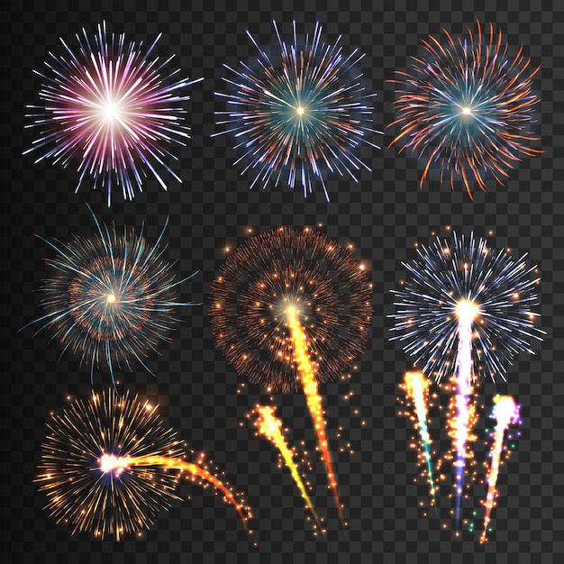 Free vector collection festive fireworks of various colors arranged on black isolated transparent set vector