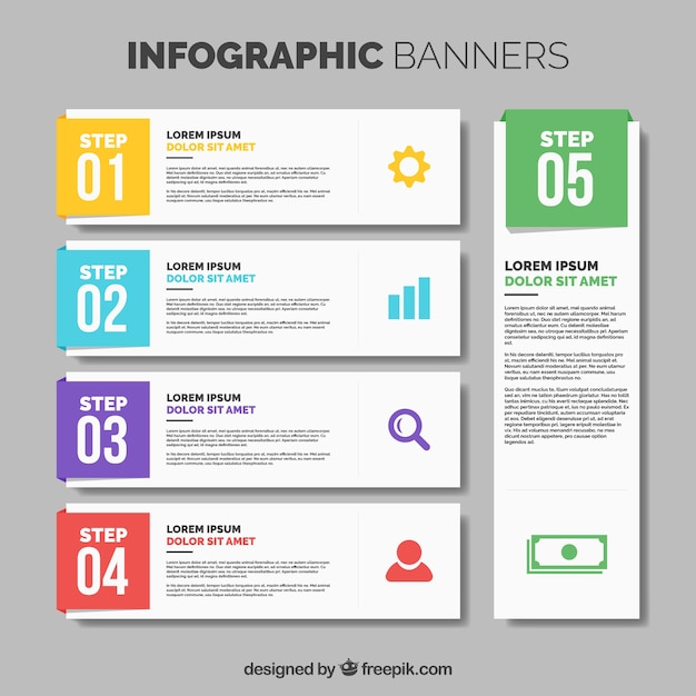 Collection of five infographic banners with color details