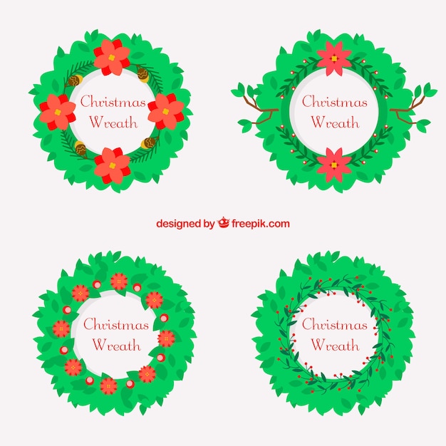 Collection of flat christmas wreaths with red flowers