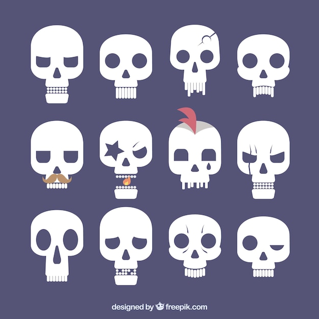 Free Vector collection of flat skulls with funny expressions