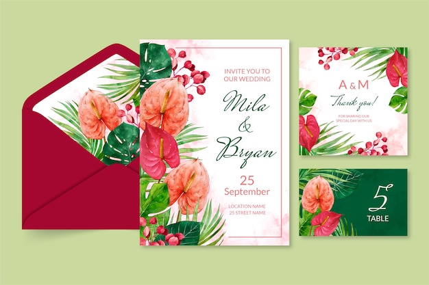 Collection of floral wedding stationery