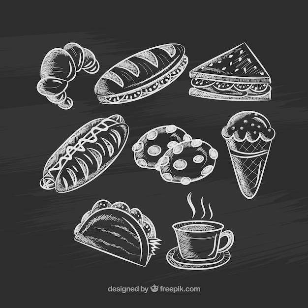 Collection of food elements in chalk style