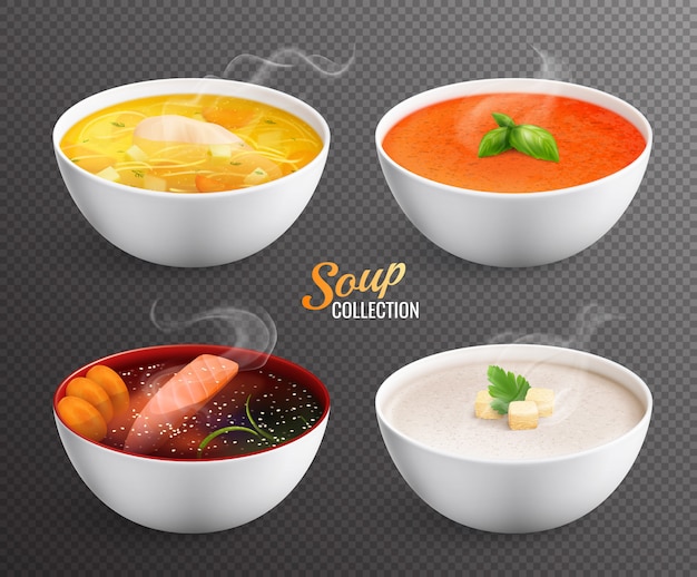 Collection of four bowls with hot soup and soup puree with greenery rusks and decorations isolated