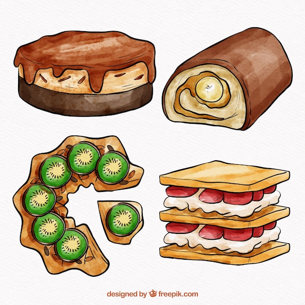 Free Vector collection of four delicious watercolor cakes