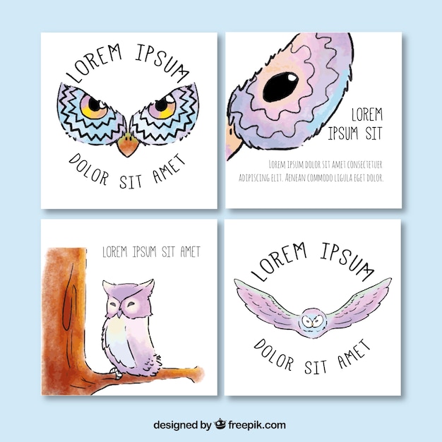 Free Vector collection of four greeting cards with owls in watercolor style