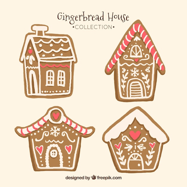 Collection of four hand drawn gingerbread houses with red elements