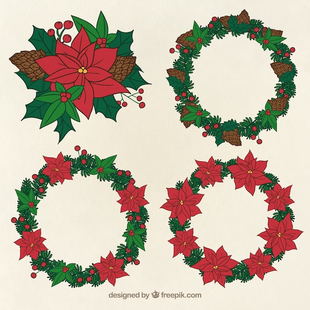 Collection of four hand-drawn wreaths for christmas