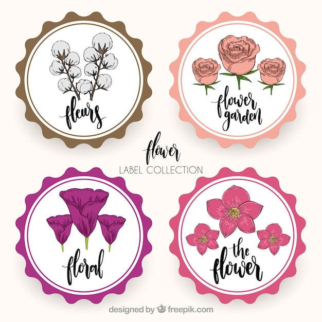 Collection of four round labels with flowers