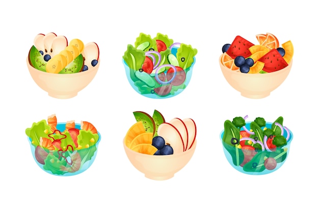 Collection of fruit and salad bowls