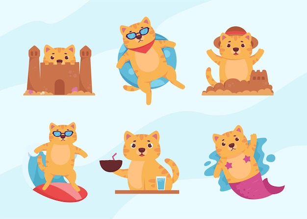 Free Vector collection funny cat on the beach doodle cartoon character design drawn style vector illustration summer holidays concept