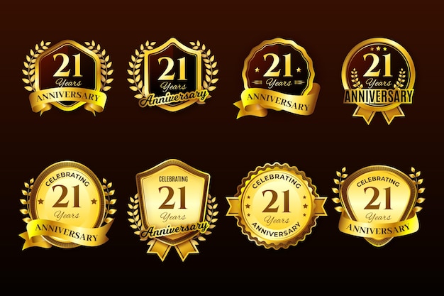 Collection of golden 21 anniversary badges