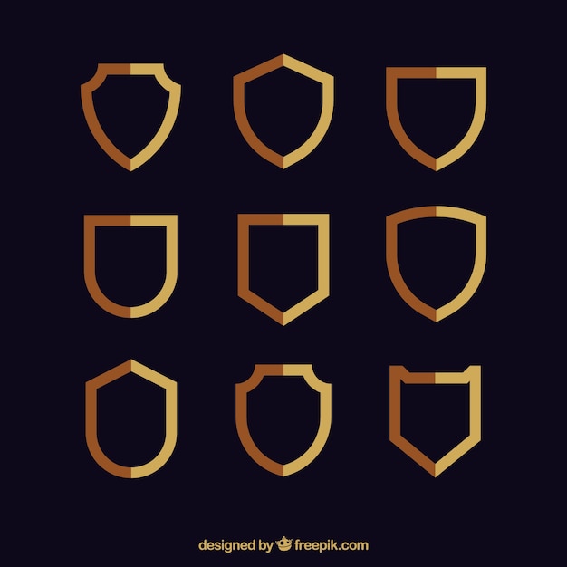 Collection of golden shields in flat design