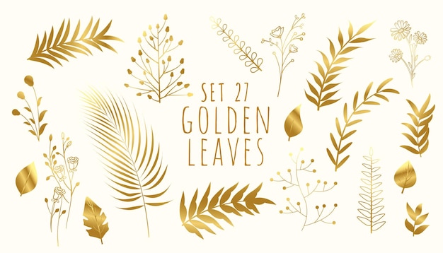 Free Vector collection of golden tropical leaves invitation card template