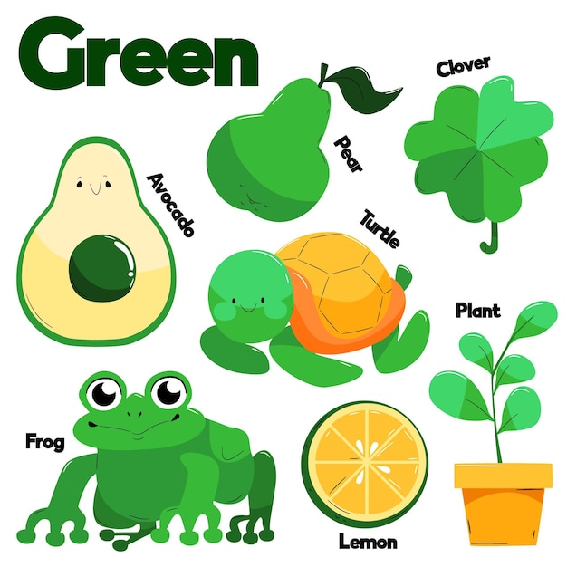 Free Vector collection of green objects and vocabulary words in english