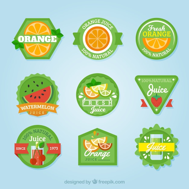 Collection of green stickers with flat fruits