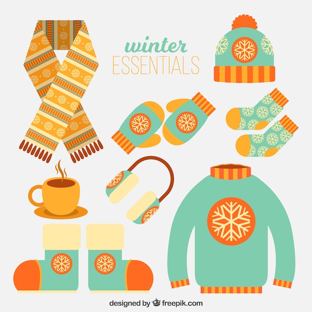 Collection of green and yellow winter clothes