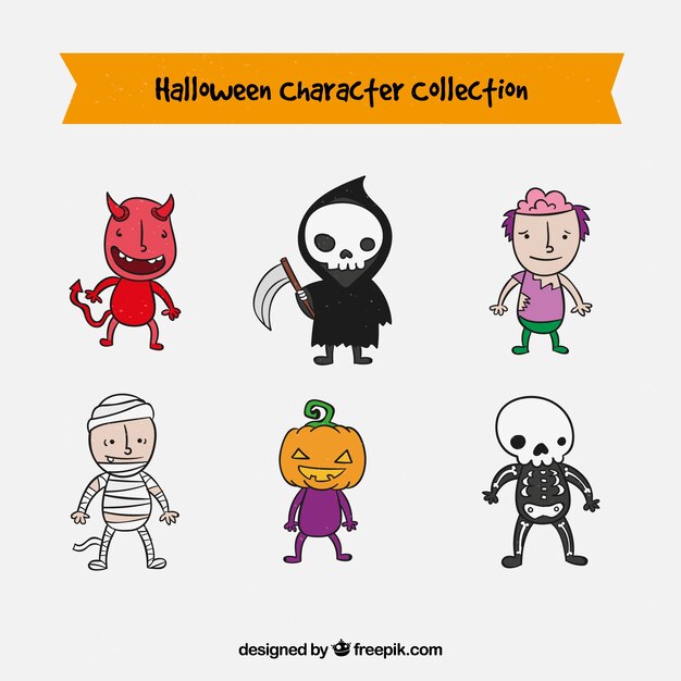 Collection of halloween characters in a cute hand drawn style