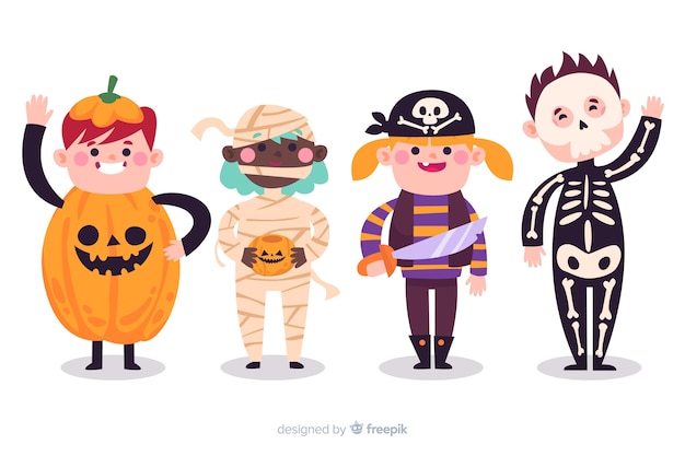 Free vector collection of halloween kids in costumes