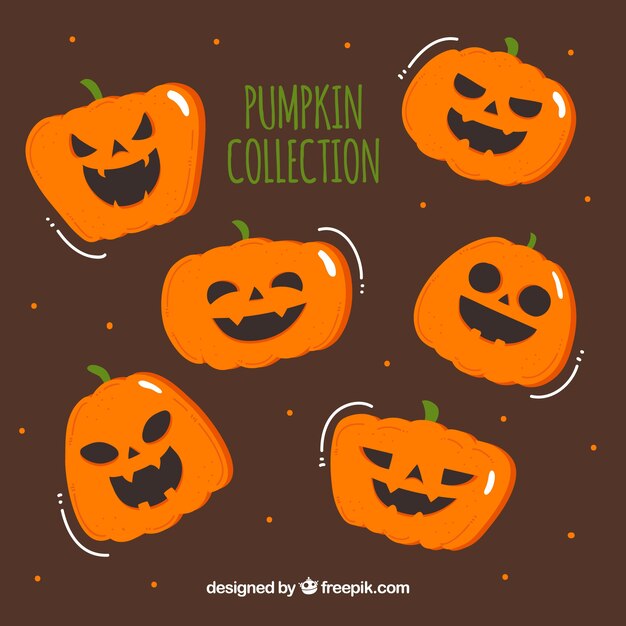 Collection of halloween pumpkins in a hand-drawn style