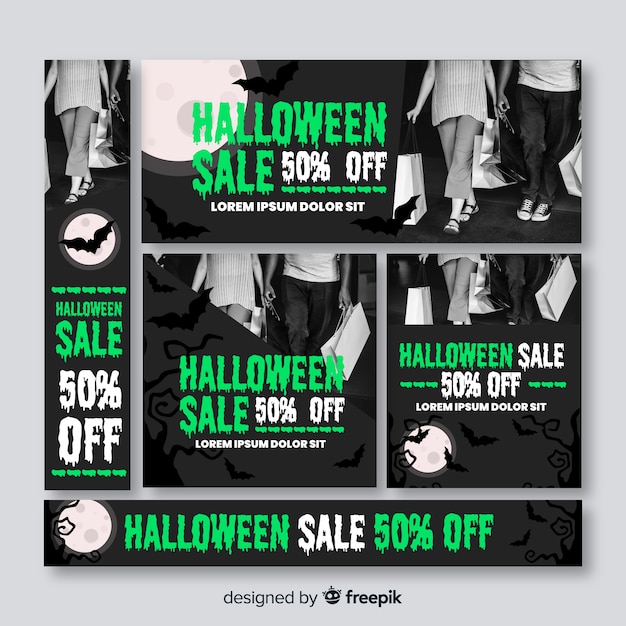 Collection of halloween web sale banners with photo