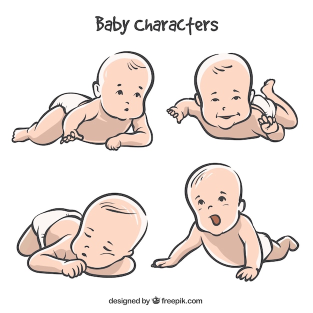 Collection of hand-drawn baby in four postures