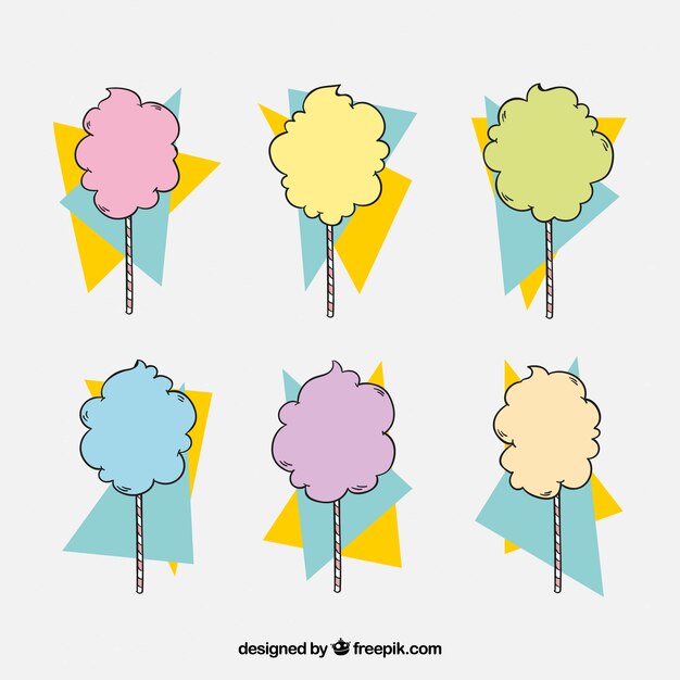 Collection of hand drawn candy cotton with abstract shapes