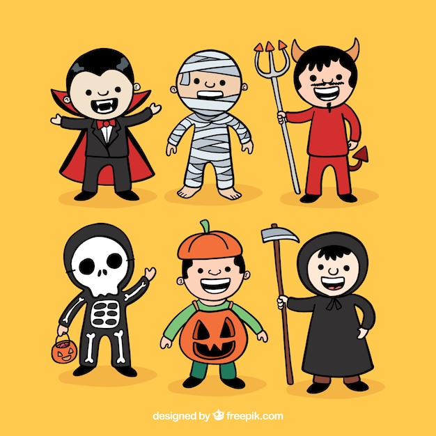 Collection of hand drawn children disguised for halloween 