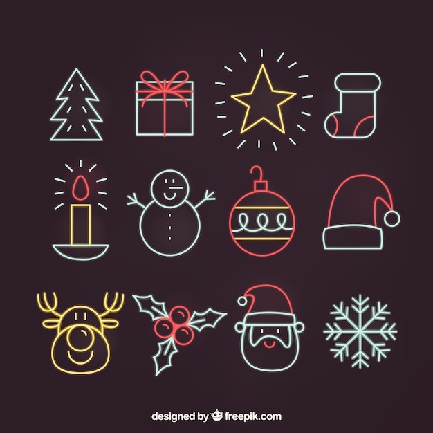 Free vector collection of hand drawn christmas elements in neon style