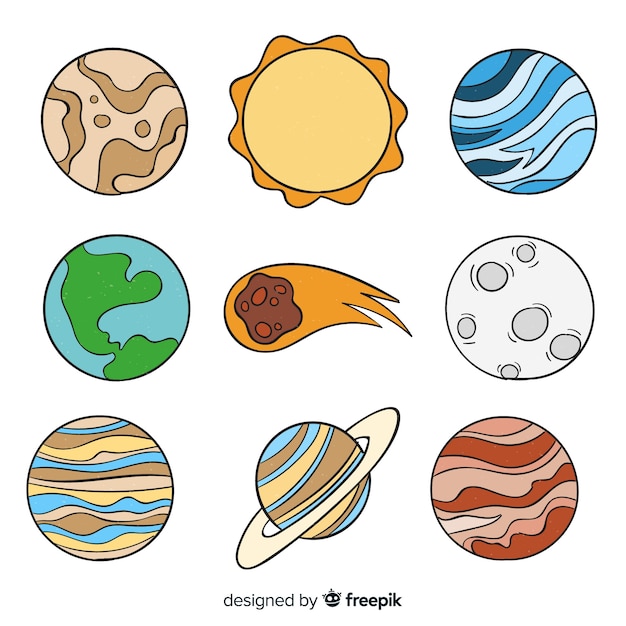 Collection of hand drawn colorful planets