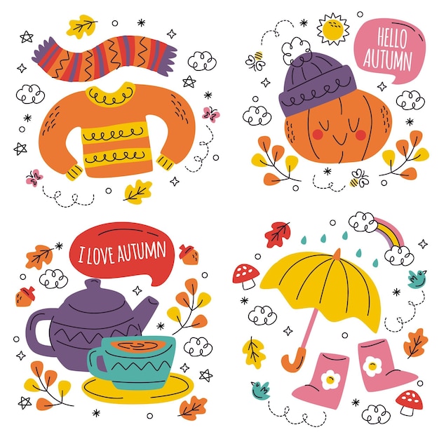 Collection of hand drawn cute autumn stickers