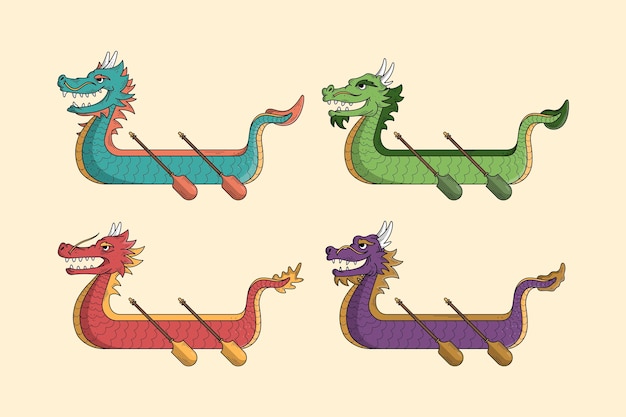 Collection of hand drawn dragon boat