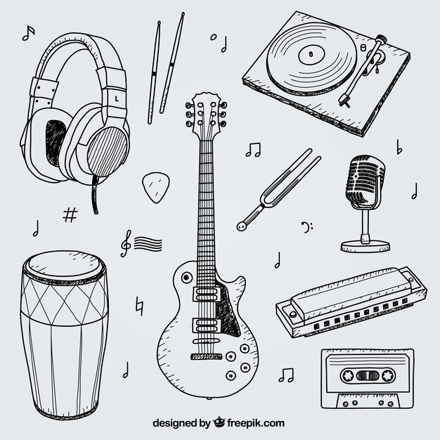 Collection of hand drawn elements for a music studio