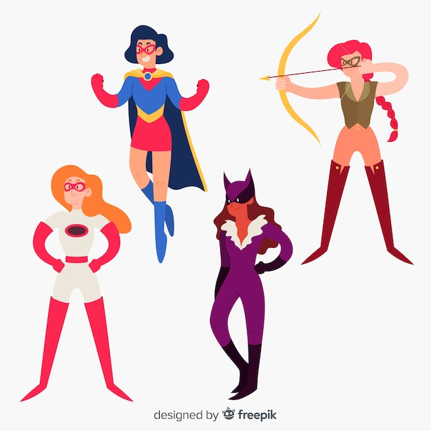 Collection of hand drawn female superhero characters