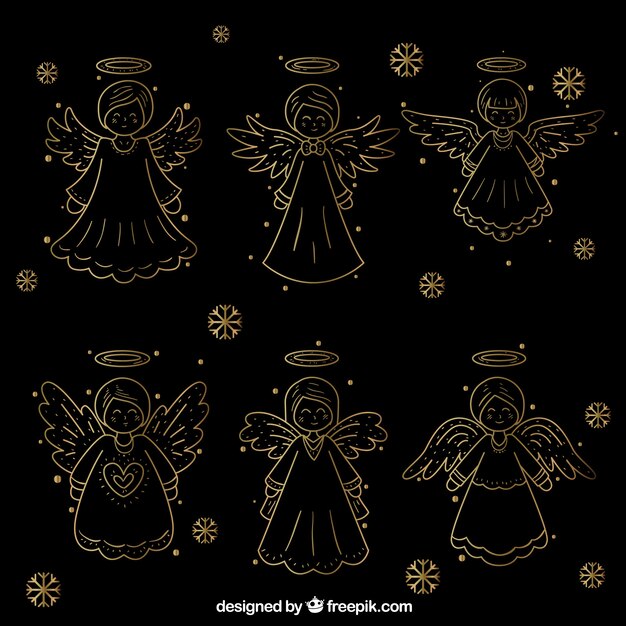 Collection of hand-drawn golden christmas angels