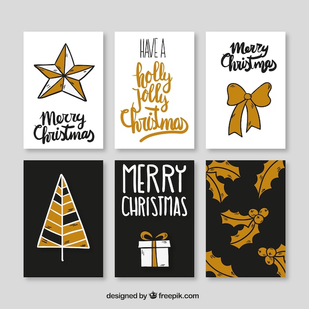 Collection of hand drawn golden christmas cards