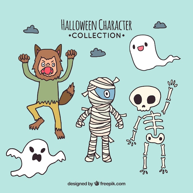 Collection of hand drawn halloween characters