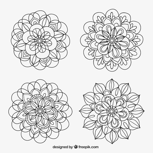 Collection of hand drawn ornamental floral element