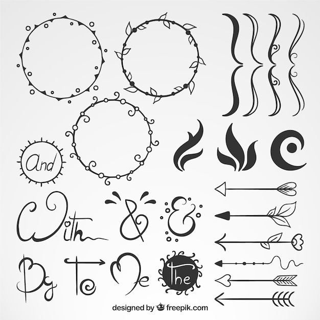 Free vector collection of hand drawn ornaments with catchword and arrow